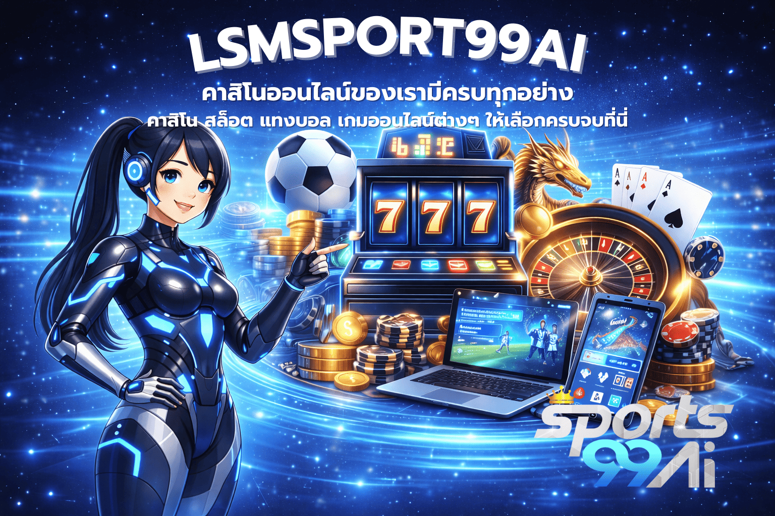 ภาพกราฟิกแนว AI โทนฟ้า แสดงตัวละครผู้หญิงไซเบอร์ พร้อมสล็อต 777 ลูกฟุตบอล รูเล็ต ไพ่ และอุปกรณ์เดิมพันออนไลน์ สื่อถึงแพลตฟอร์มคาสิโนออนไลน์ครบวงจรของ LSMSPORT99AI