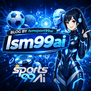 ภาพกราฟิกแนว AI โทนฟ้า แสดงตัวละครผู้หญิงสไตล์ไซเบอร์ พร้อมลูกฟุตบอลและบาสเกตบอล สื่อถึงบล็อกวิเคราะห์กีฬาและการเดิมพันออนไลน์ของ lsm99ai และ sports99ai ภาพของ lsmsport99ai